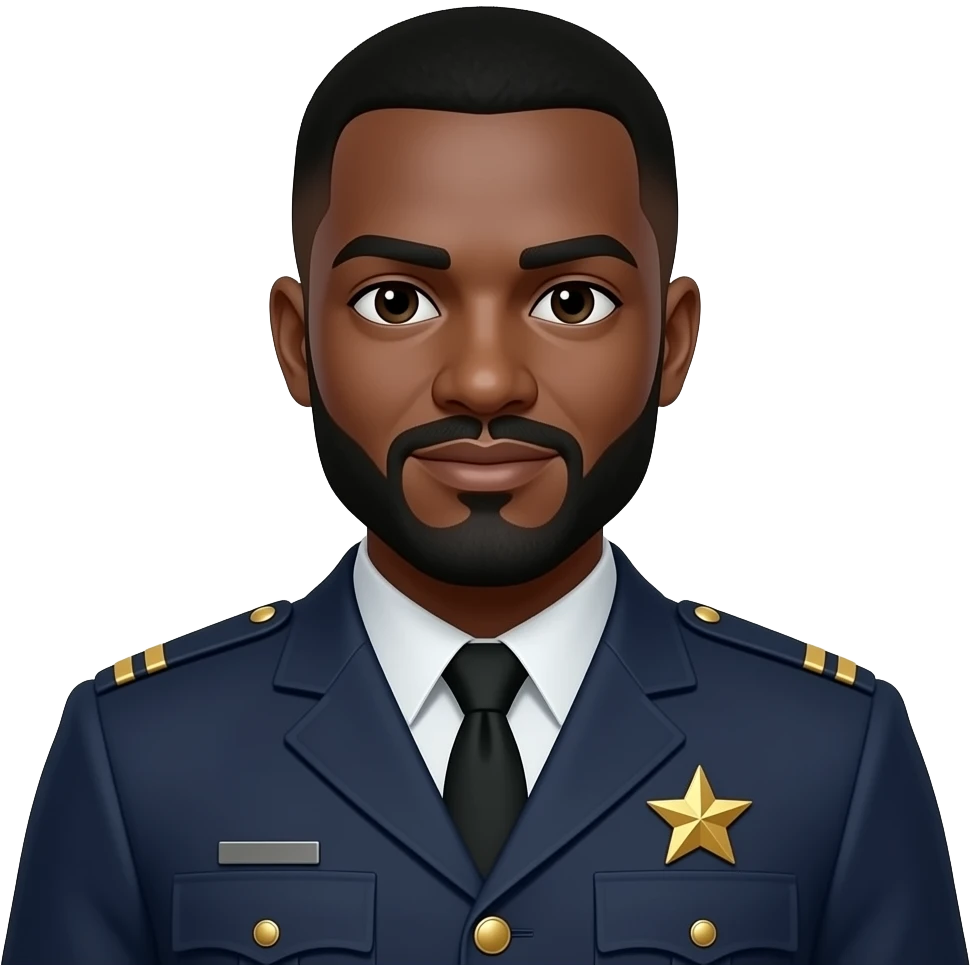medium complexation black officer with beard and mustache and tapper haircut with gold star and nothing on collar and gold tie bar emoji
