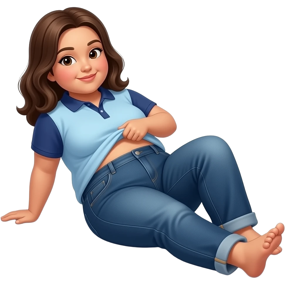 Obese Hispanic girl with brown hair and light blue and dark blue polo with chubby belly button and dark blue baggy jeans laying down on bed showing her feet lifting her shirt emoji