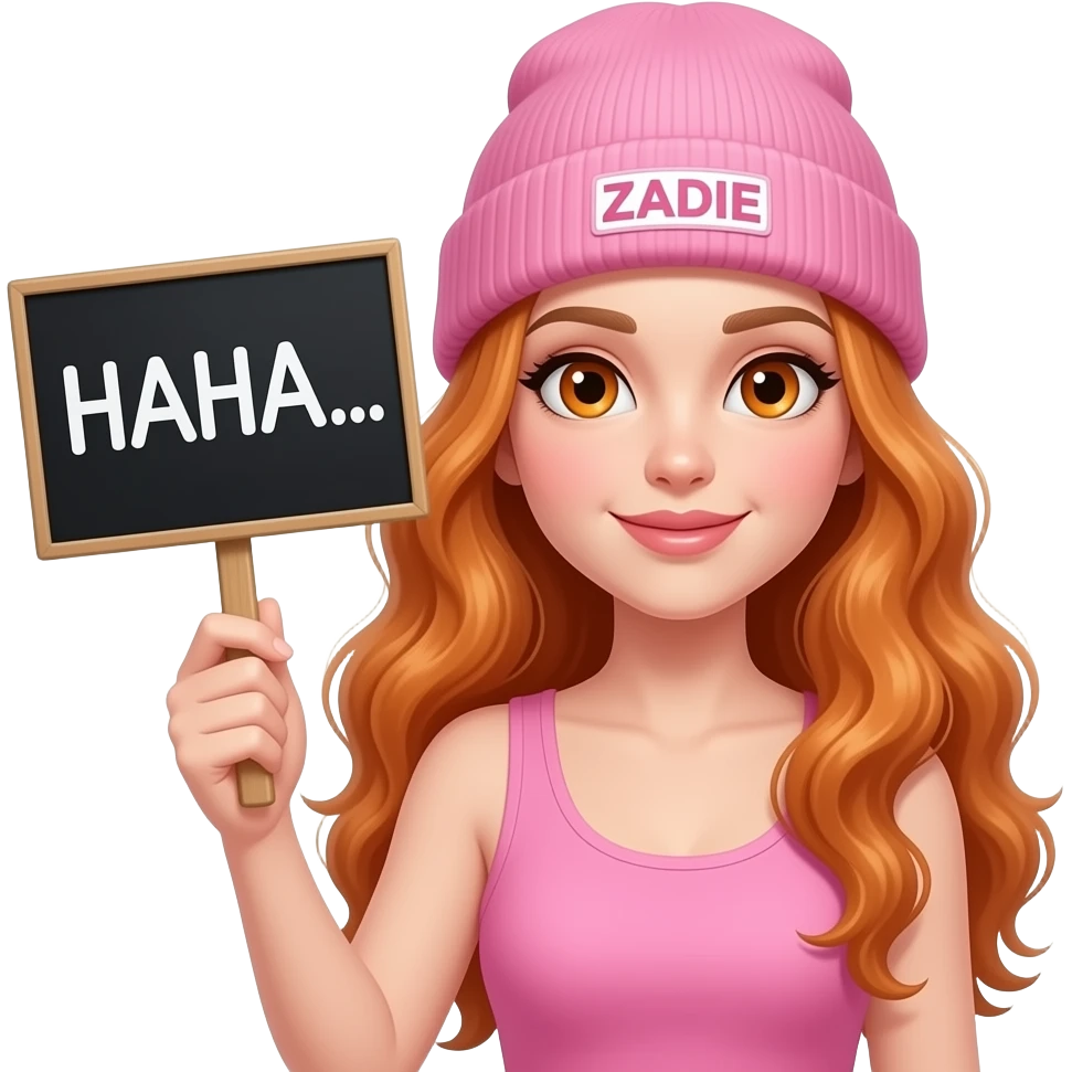 sexy girl with overlong wavy ginger hair and ginger eyes wearing a pink tanktop and a pink beanie with ZADIE written on it, is holding a black sign with HAHA... written on it emoji