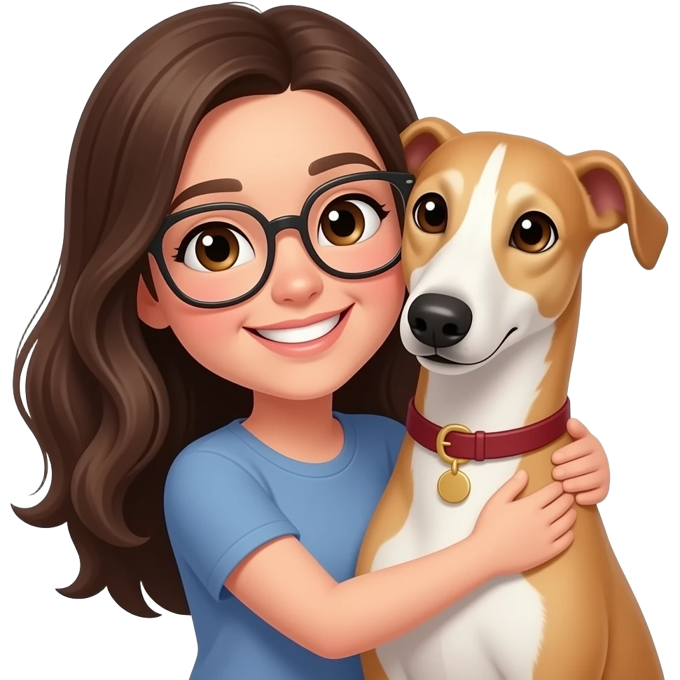 brunnete girl with big smile and glasses hugging a fawn greyhound dog emoji