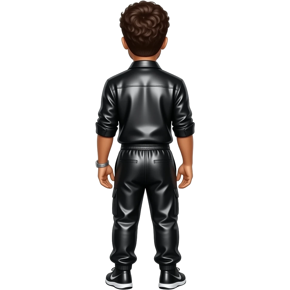 Bruno Mars from behind with dark brown curly hair, black metallic shirt, black metallic baggy joggers emoji