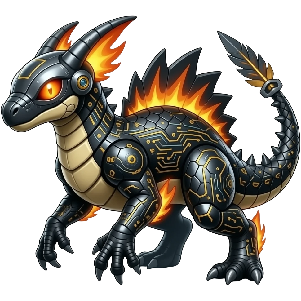 Cool edgy fiery bipedal scaly cybernetic visor-helmeted, Circuitry-patterned black-scaled digitigrade futuristic fantasy-Cyberpunk-Steampunk-Solarpunk-Genesect-Cyclizar-Salazzle-Protogen-Fakémon-animal-hybrid, feathery, tail blade, back spikes emoji