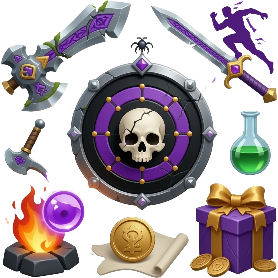 🪓, ⚔️, 🗡, 🔨, 🔥, 🧠, 🛡, 🕷, ✨, 💥, 💨, 🎯, 🧿, ❤️, 💪, 🤸, 👁️, 🏃, ⚡, 🏳, 🔄, 🔎, ⛏, 🔮, 🧪, 📜, 🛠, 🔨, 🏆, 👑, 🏅, 🎁, 💰, 🪙 сделай эти смайлики для моей игры в фентези стиле, моя игра мрачная с фиолетовыми оттенками emoji