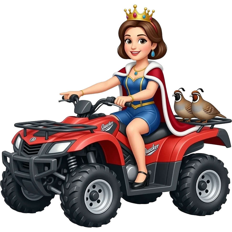Queen driving a quad riding Quacker telling quail to be quiet letter q emoji