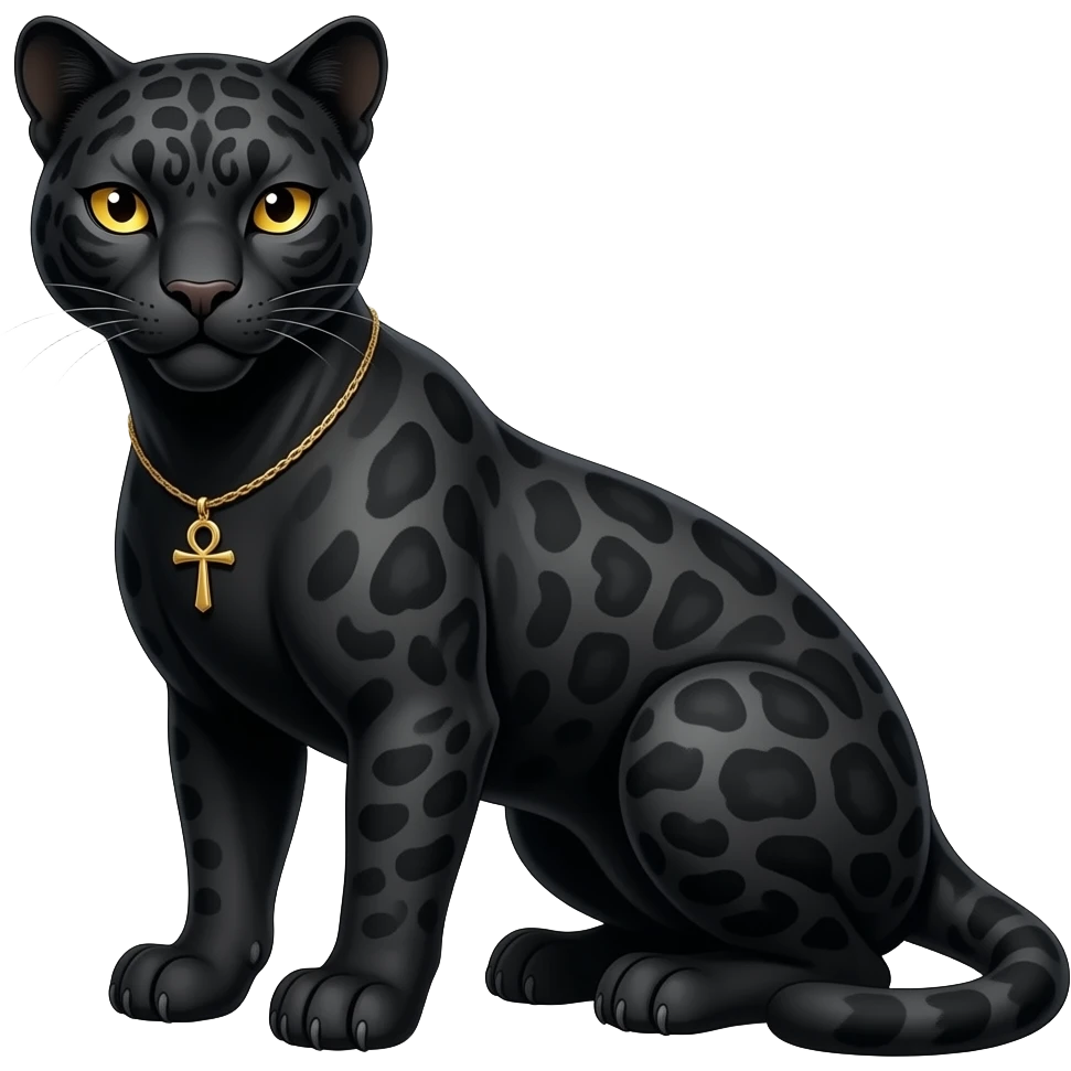 an egyptian black panther crouching with dark grey markings in its black fur and golden yellow eyes. an ankh necklace around its neck emoji