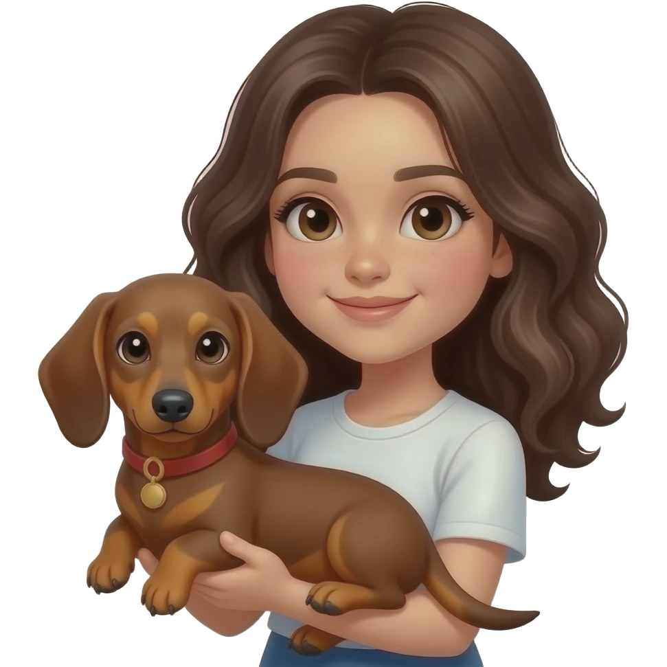 Quiero un emoji de una niña de pelo risado con un perro salchicha en brazos de el cabello oscuro por favor el perro cafe entero y el pelo mas ondulado  menos morena el perro es perfecto emoji