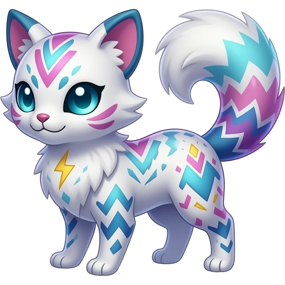 Colorful unique fantasy original shiny smooth soft flurry edgy cool Civet-Absol-Sprigatito-Vaporeon-Fakémon-hybrid with tribal chevron heart floral lightning bolt strikes damask paisley markings emoji