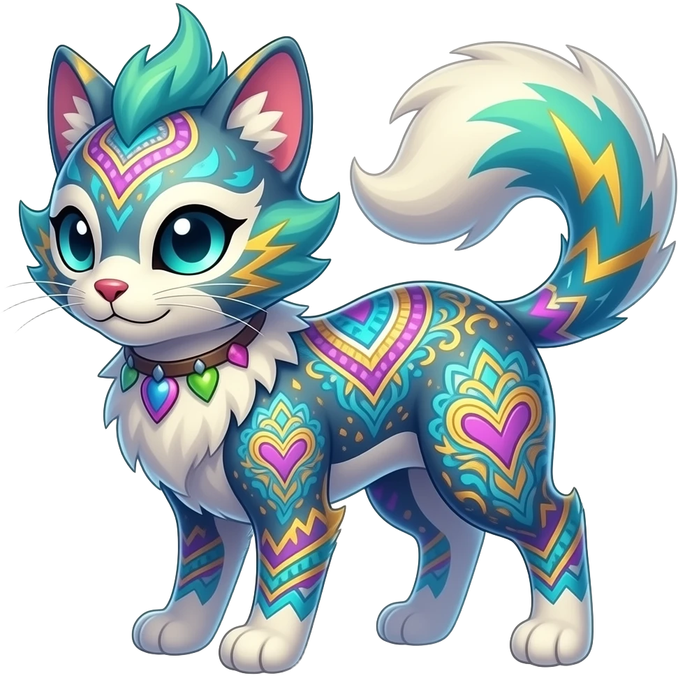 Colorful unique fantasy original shiny smooth soft flurry edgy cool Civet-Absol-Sprigatito-Vaporeon-Fakémon-hybrid with tribal chevron heart floral lightning bolt strikes damask paisley markings emoji