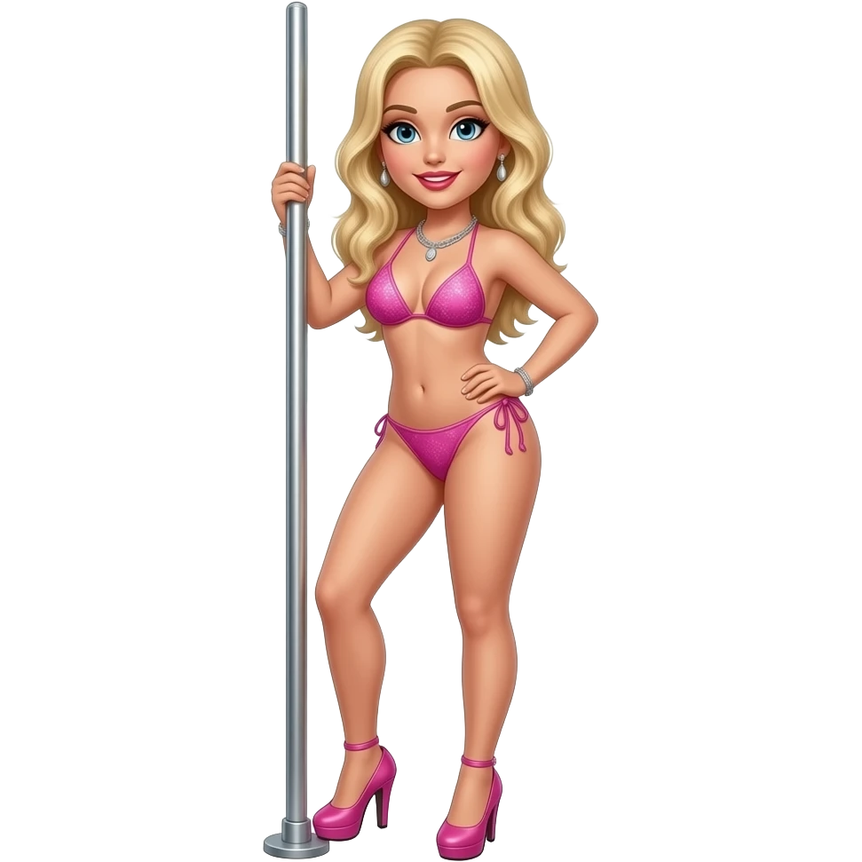 light skin, with blonde hair, stripper on a stripper pole, silver necklace , pink bikini with pleaser heels emoji