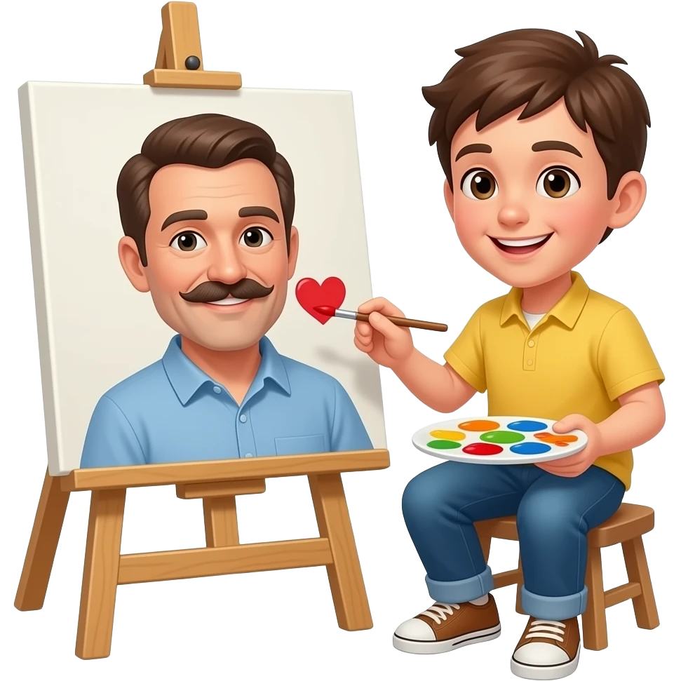 Vater (40) mit moustache und Sohn (23) malen zusammen ein Herz auf einer Staffelei emoji
