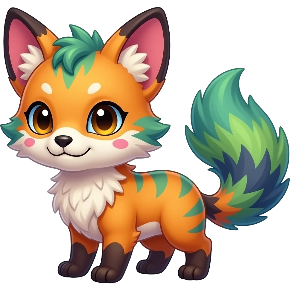 Feral Rare Fantasy vibrant colorful tropical cute, kawaii, cool, ed Vernid-Trico-species by LiLaiRa, random markings, tufted tail, tufted ears, full body, cheek markings emoji