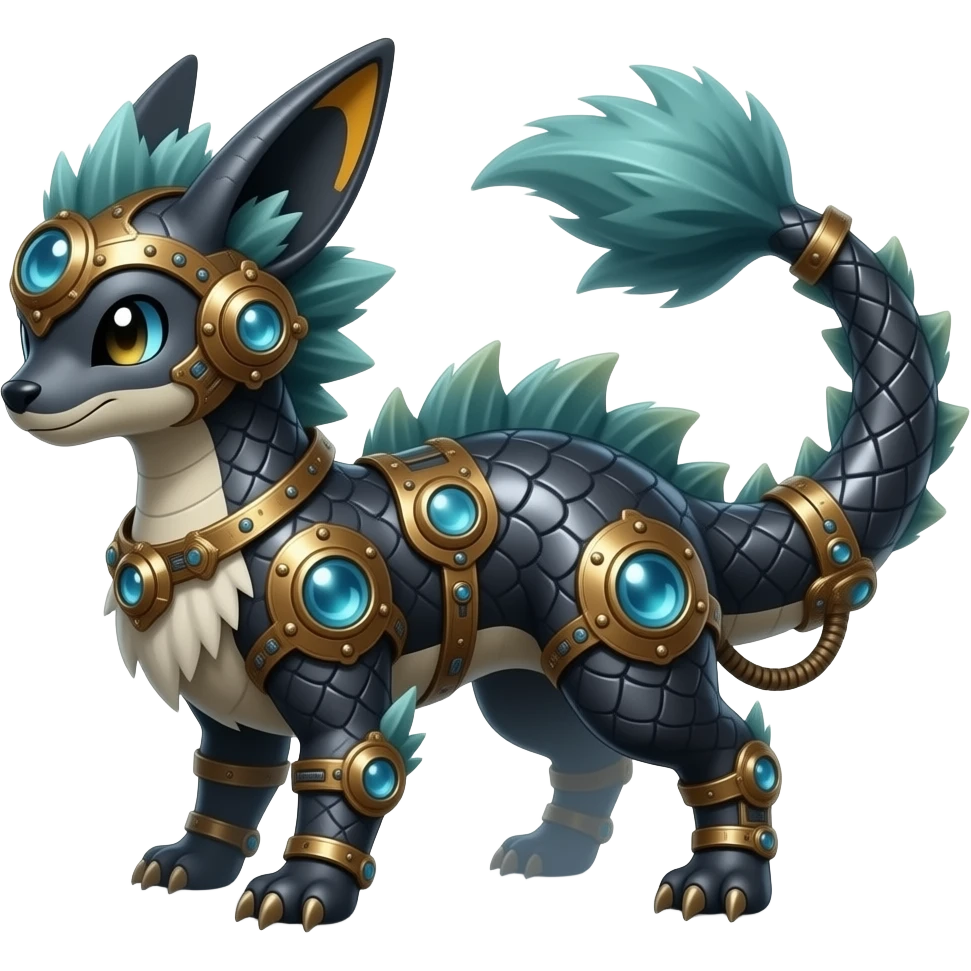 scaly fuzzy shiny glossy smooth finned frilled spunky gothic Realistic tall slim unique original shiny edgy cool steampunk-cyberpunk-solarpunk-fantasy-Absol-Sprigatito-Vaporeon-Manectric-Mudkip-Fakémon-hybrid emoji