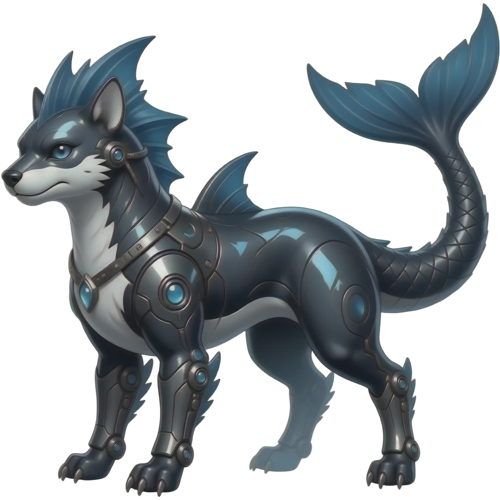 Tough realistic glossy oily smooth Quadrupedal digitigrade shiny glossy smooth finned frilled gothic tall slim unique epic legendary shiny edgy cool cyberpunk-solarpunk-fantasy-Sharpedo-Sceptile-Sprigatito-Flyogn-Vaporeon-Electrike-Fakémon-hybrid with an orca tail emoji
