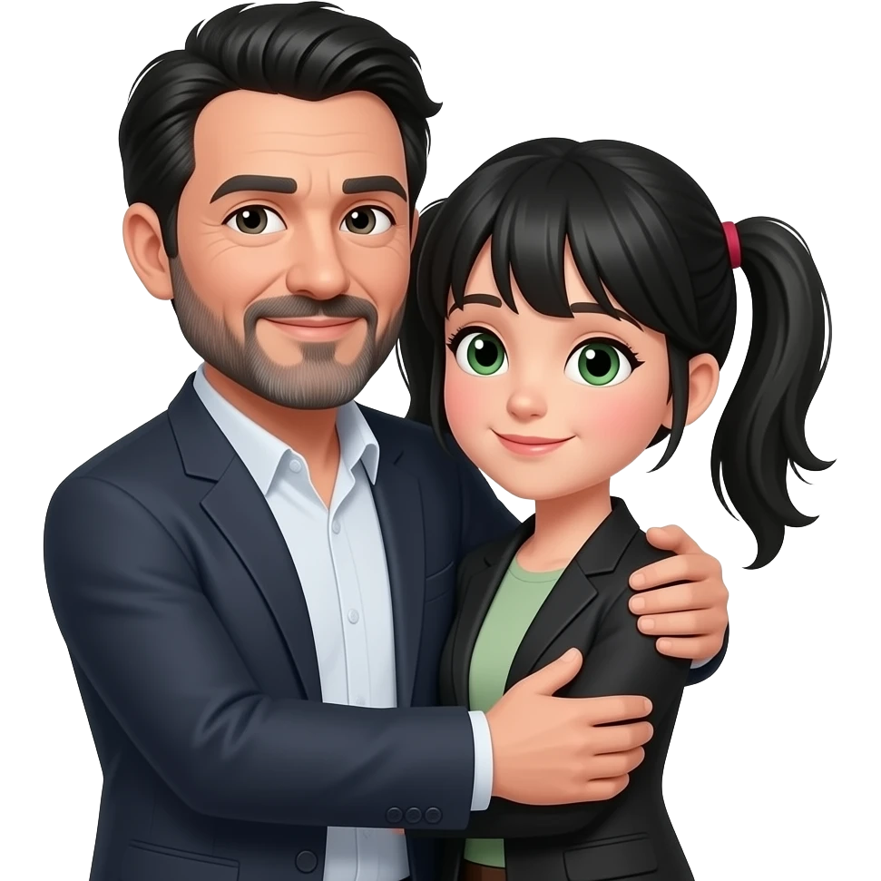 Black haired middle aged guy with sweeping bangs and graying beard hugging a black hair middle age girl with pigtails and  green eyes emoji