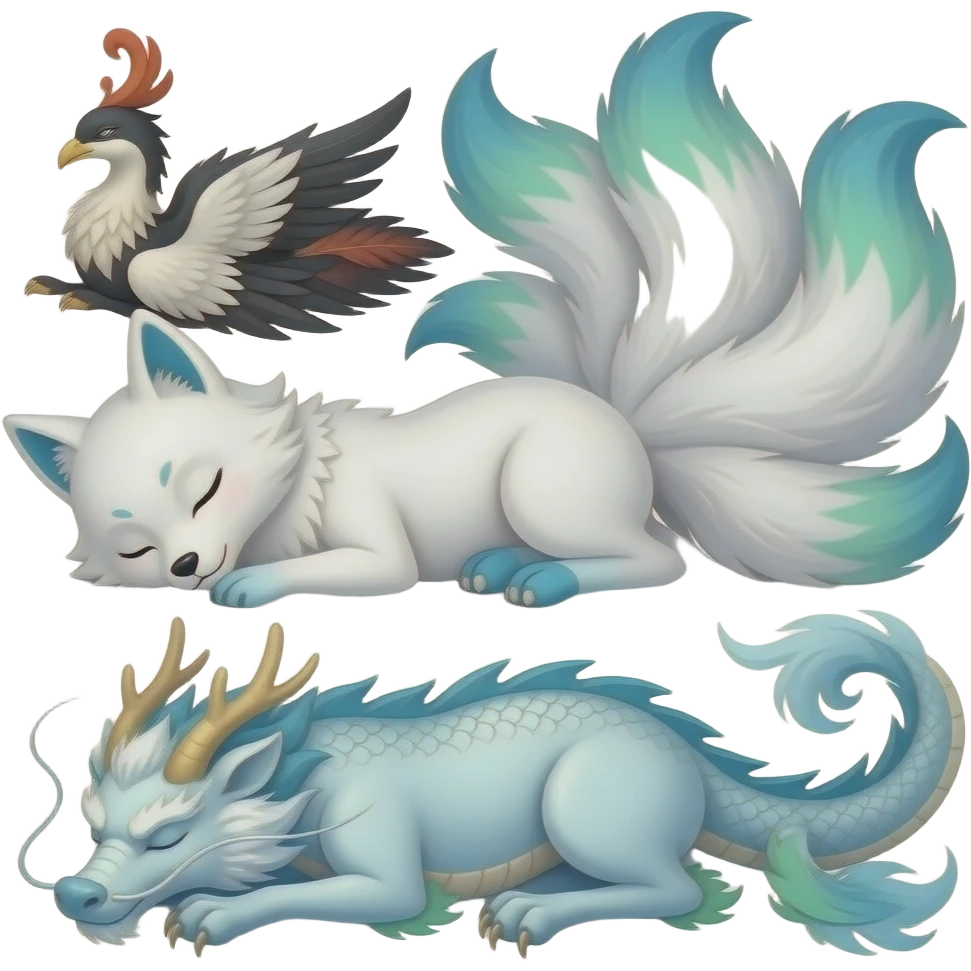 All together sleeping in the photo White Nine kitsune tail with blue green ombre tips on the tails and paws as socks. By a white and black feathers tip Phoenix. Also by a blue and white Chinese dragon. Even by a white Qulin with blue an green on it emoji