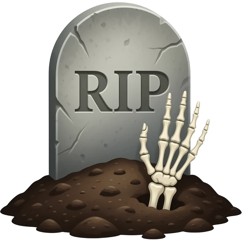 A grave stone that says "RIP", with a dirt pile in front of it with a skeleton hand coming out of the dirt emoji