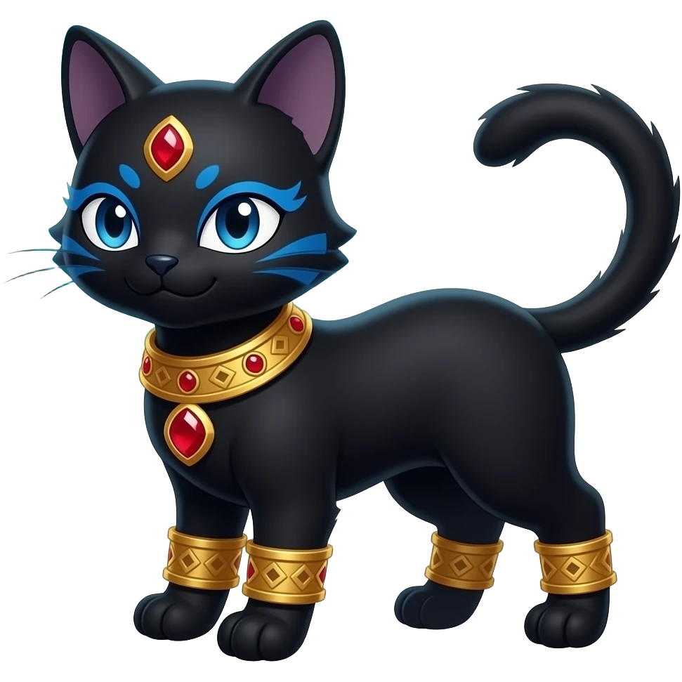 Black godly overpowered ethereal majestic oriental ancient Cat-Fakemon. With gold bangles, red rubies, blue mascara emoji