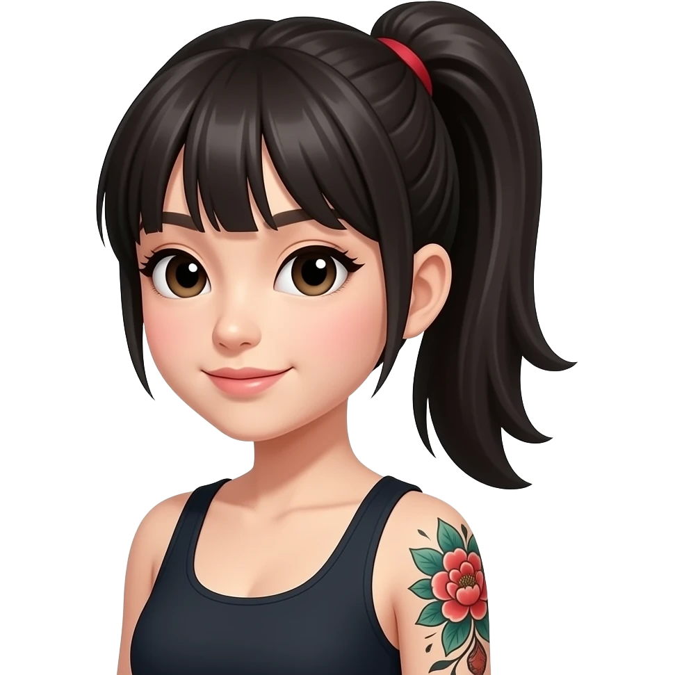 Japanese woman with bang and high ponytail, Japanese tattoo on right arm emoji