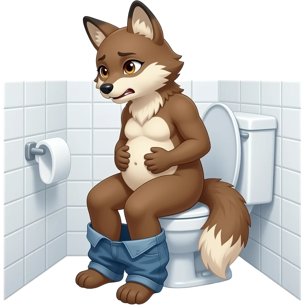 Female coyote furry person woman sit on toilet pants off,side view,hold stomach,grunt,fursona emoji