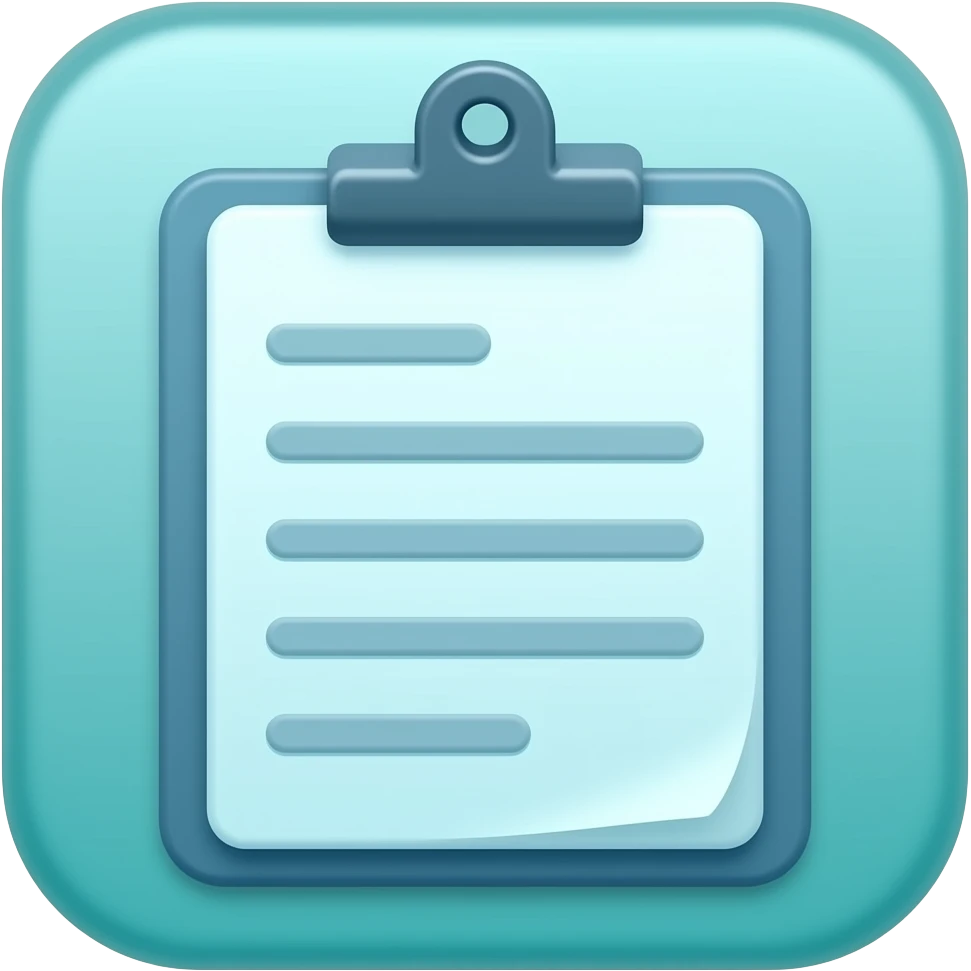 Please generate a 3d icon, no background.
Clipboard, teal color palette only (#00E5CC and #007A6E), glossy material, soft inner glow, cinematic lighting from top-left, no other colors, isolated object, centered composition, square format emoji
