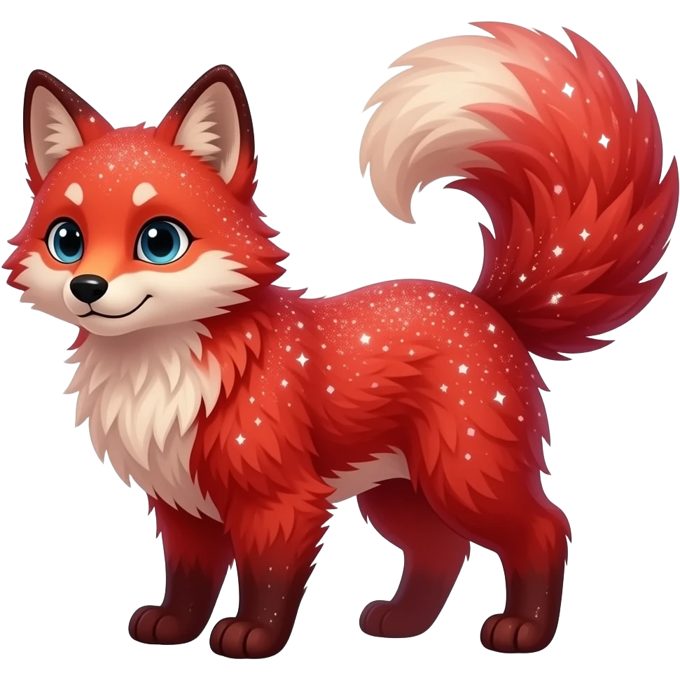 Hyper realistic fire red velvet fur soaked in starlight glitter and shadow gradients beautiful, full body emoji