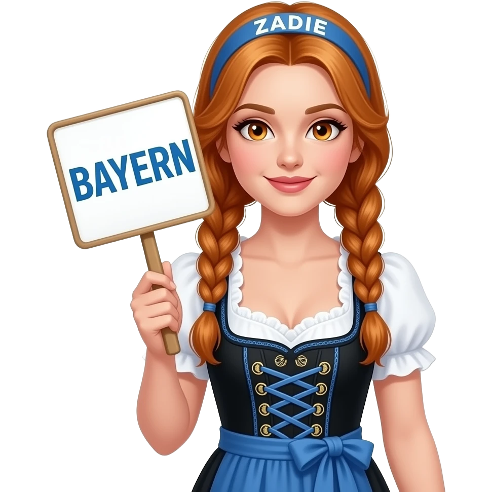 sexy girl with overlong ginger braids and ginger eyes wearing a black blue dirndl and a blue headband with ZADIE written on it, is holding a sign with BAYERN written on it emoji