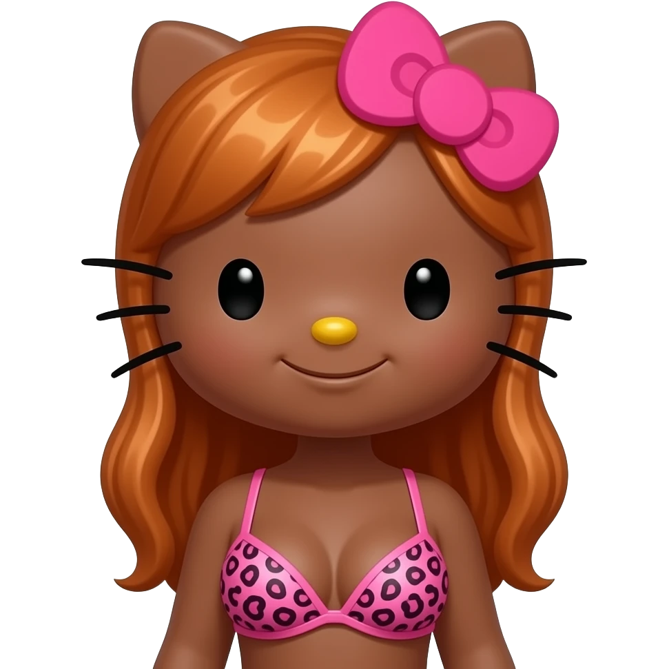 Big breast, Dark brown skin hello kitty girl, Black eyes, copper hair, with pink leopard print bra emoji