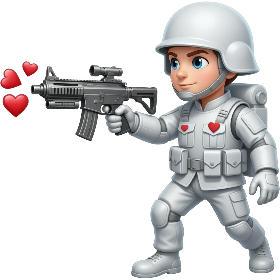 Crea un emojee un soldado de tes blanca que su arma cuando dispare corazones los disparos con los corazones en movimiento emoji
