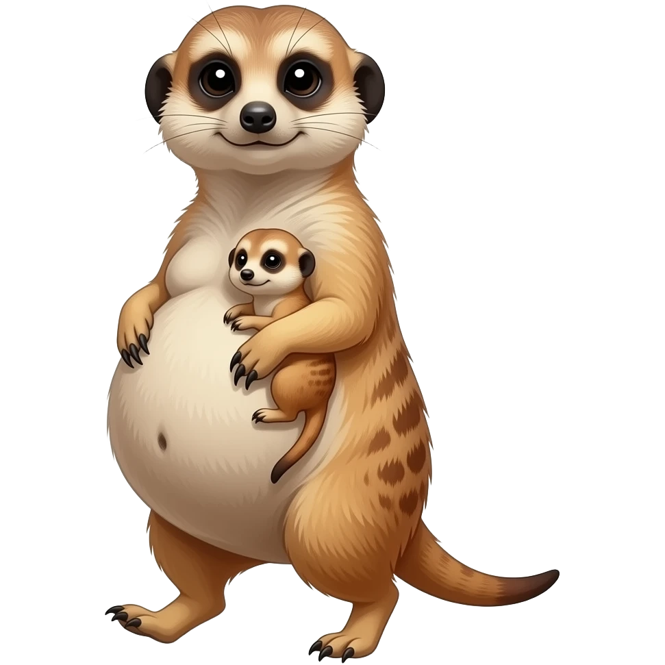 A female Meerkat now wants to give a try to walk,but with her fat stomach so big she has to get a grip of it and hold it up then cradle her food baby, it is a guessing game with her bun in the oven,but she knows she is just fat,her bellybutton makes agreement with clues. emoji