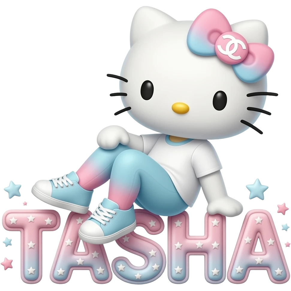 4D Velvety fur texture hello kitty wearing ombre white and blue and pink ombre pastel colored leggings and sneakers, and with the Chanel symbol on her ombre pastel bow sitting sideways leaning back on top of the velvety 3D outlined letters TASHA surrounded with tiny ombre pastel stars made of candy emoji
