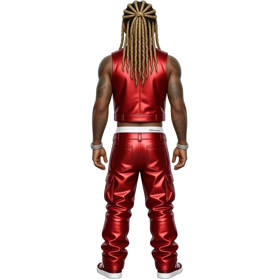 Lil Wayne from behind with long blonde dreads, red metallic vest, red metallic baggy pants with white undies, shirtless emoji