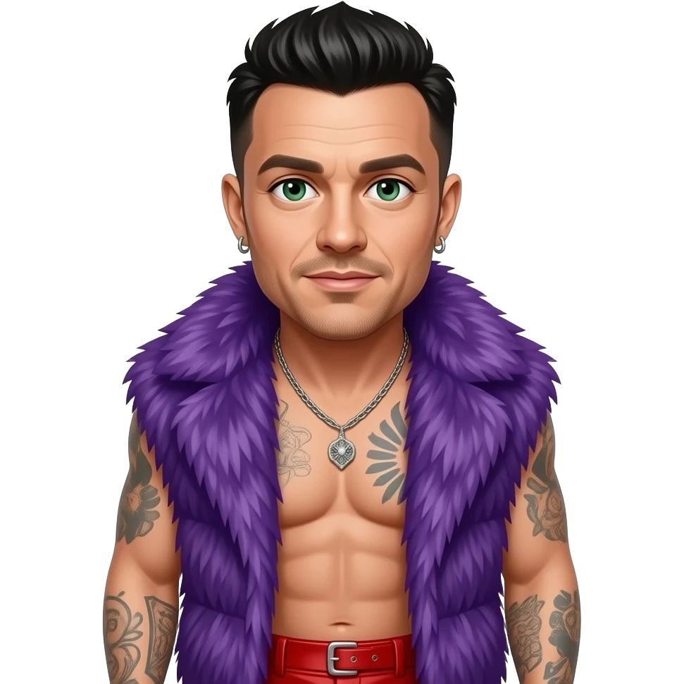 Robbie Williams with dark green eyes, black hair, Purple fur shawl, Crimson metallic baggy pants, shirtless with necklace and earrings emoji