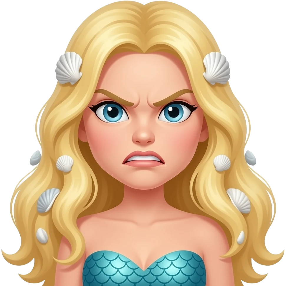 angry mermaid face with shells in long hair blonde emoji