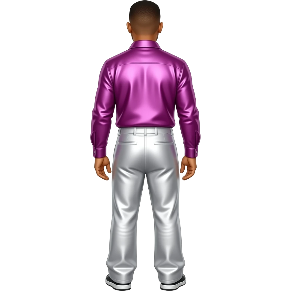 Will Smith look from behind with fuchsia metallic shirt, white metallic baggy pants emoji