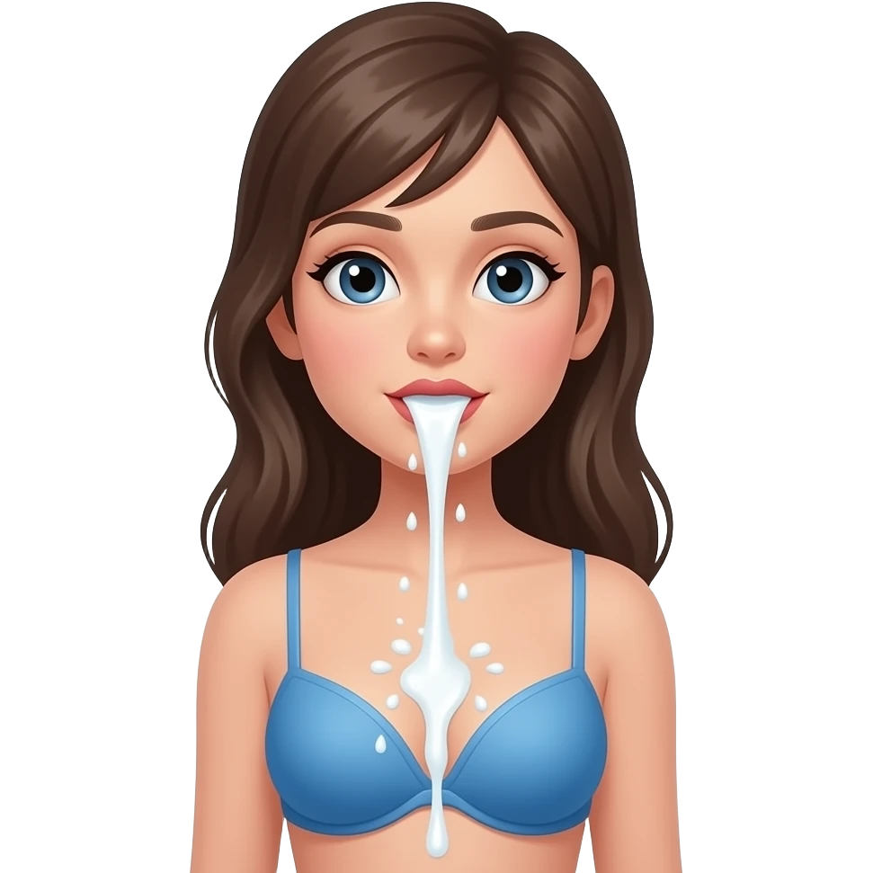 فتاة ترتدي حمالة زرقاء بشرة بيضاء ويخرج من فمها حليب emoji