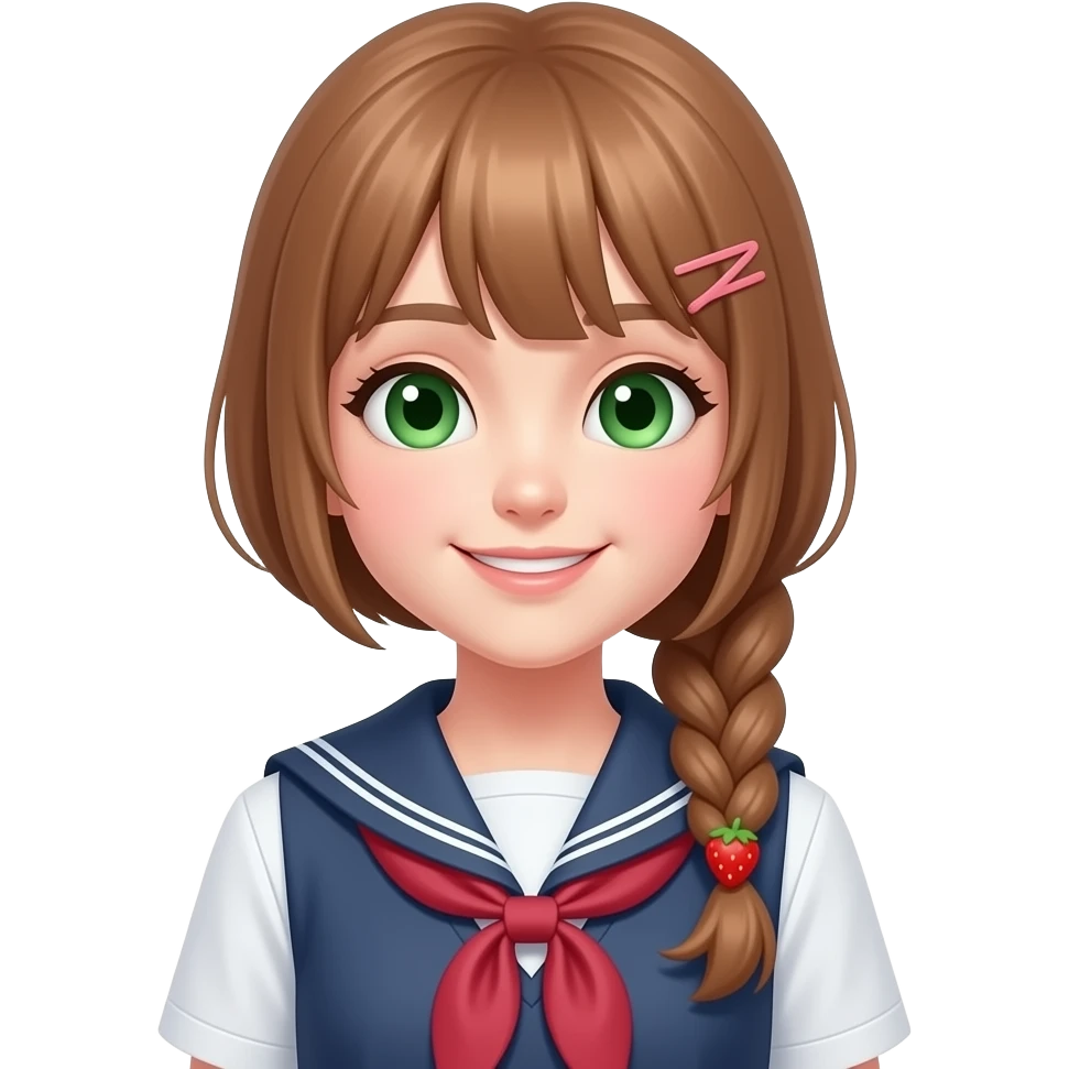 Half body emoji of a girl with one light-brown braid tied with a strawberry-shaped hair tie, green eyes, wearing a school uniform, smirking emoji