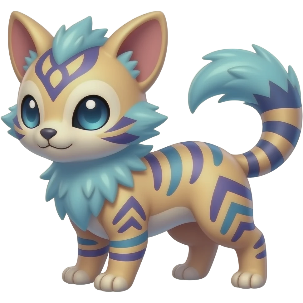 Colorful unique fantasy original shiny smooth soft flurry edgy cool Civet-Absol-Sprigatito-Vaporeon-Fakémon-hybrid with tribal markings emoji