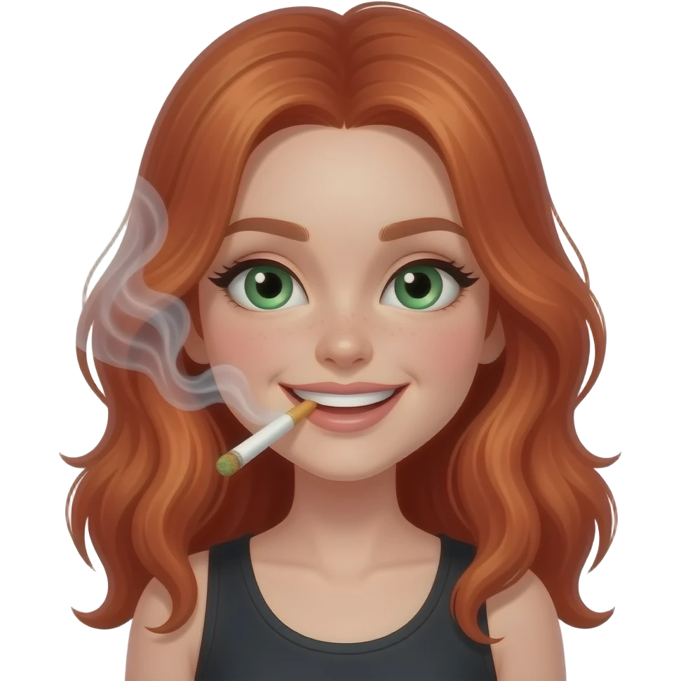 Ruby red headed girl smoking weed. With smoke. Green eyes. Smiley and flirty. No bangs emoji