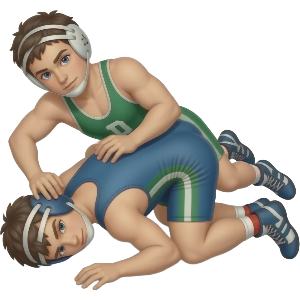 Erstelle ein Bild von zwei Uni-Wrestler in kurzen, knappen und engen Wrestler-suits, die beiden haben unterschiedlich Farben an (Grün und blau) und sie ringen liegend miteinander auf dem Boden emoji