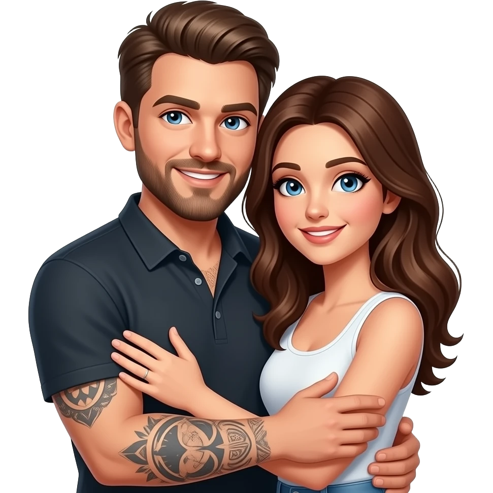 Un couple avec un gars blonc foncé aux yeux bleu, avec une barbe, tatoué et une femme châtain aux yeux bleus, au teint très clair, qui se font un câlin emoji