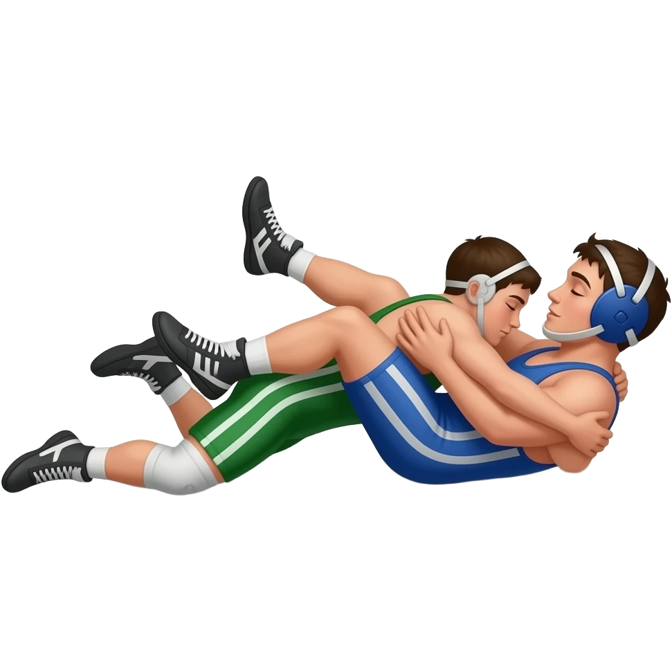Erstelle ein Bild von zwei Wrestler in kurzen, knappen und engen Wrestler-suits, die beiden haben unterschiedlich Farben an (Grün und blau) und sie ringen liegend eng umschlungen miteinander auf dem Boden emoji