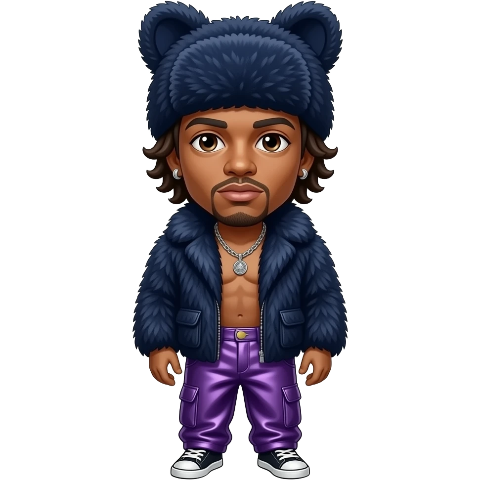 Jay Kay with brown eyes, brown hair, navy blue fur hat, navy fur shawl, purple metallic baggy pants, shirtless with necklace and earrings emoji