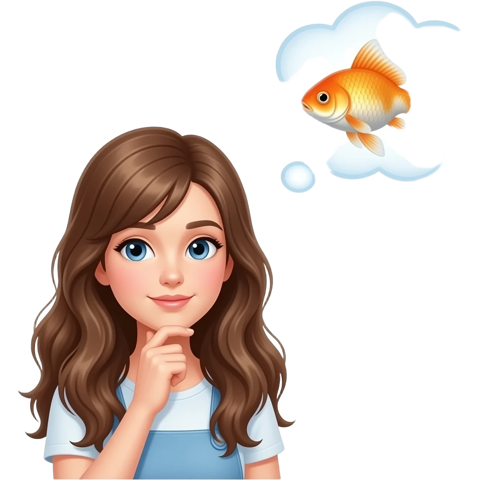 Long brown haired Girl thinking about goldfish in thought bubble emoji