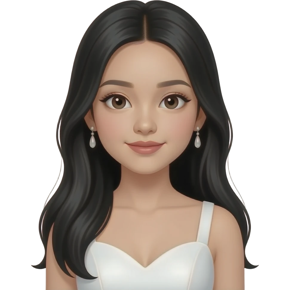 A Chinese 11 year old girl born in 30/07/2014 July in a white prom dress long black hair, make up emoji