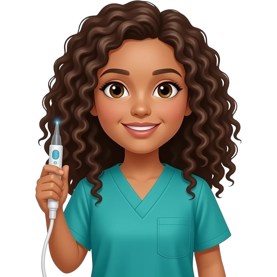 Can I get a girl with light to medium tan skin with long 2B curly hair and teal scrubs  to hold an ultrasound probe emoji