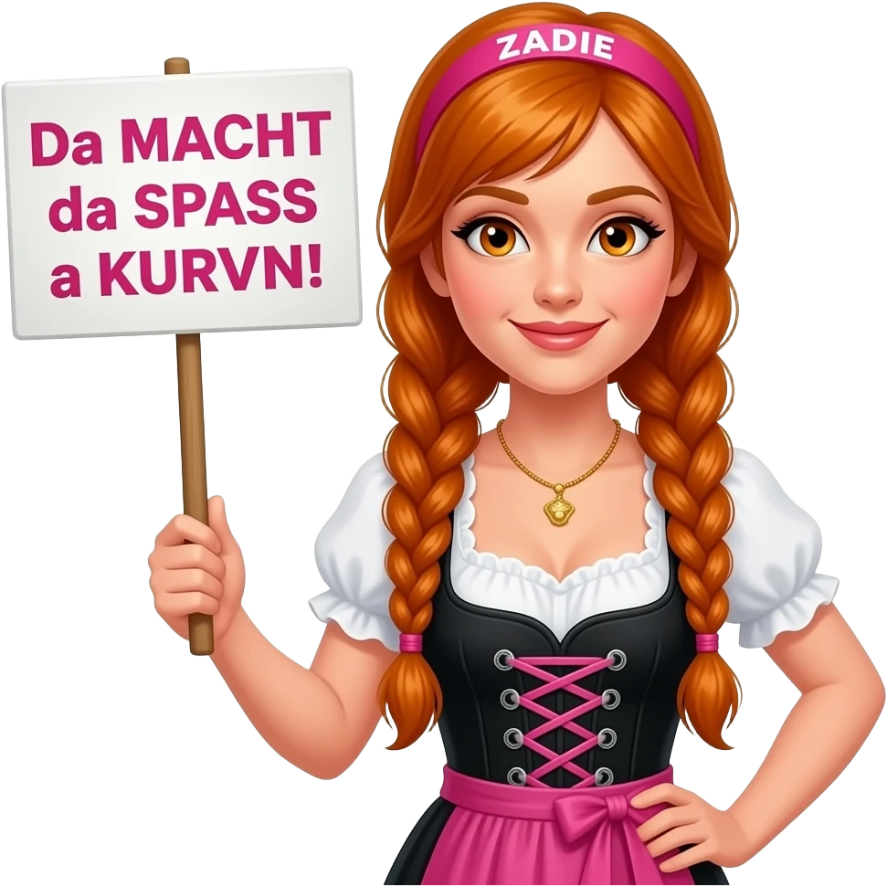 sexy girl with overlong ginger braids and ginger eyes wearing a black pink dirndl and a pink headband with ZADIE written on it, is holding a sign with Da MACHT da SPASS a KURVN! written on it emoji