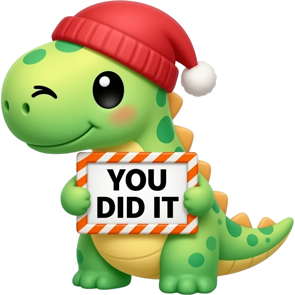 Create a super cute stuffed kawaii green and yellow gradient Animal which Looks Like a Brachiosaurus with big eyes and long eyelashes one is open the other is closed and with a red winter hat holding a orange zig zag frame sign with in front of its chest that says in a funny black font "YOU DID IT" emoji