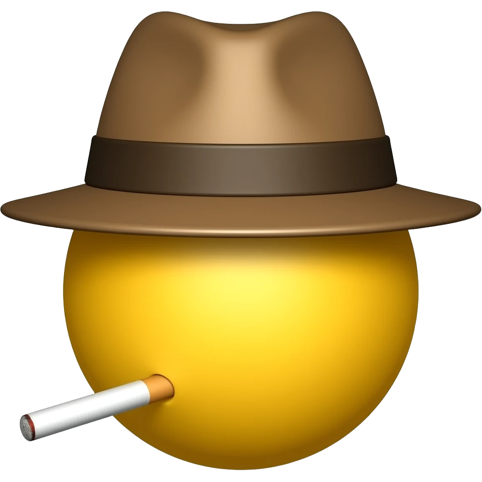 A basic yellow emoji round head wearing a fedora and smoking a cigarette emoji