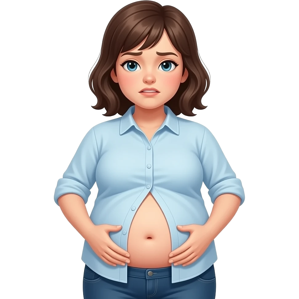 a girl with a huge stomach that is full to bursting,so bloated that she gets a tummyache,her bellybutton is poking out and her shrunk tight shirt buttonholes are at breaking point. emoji