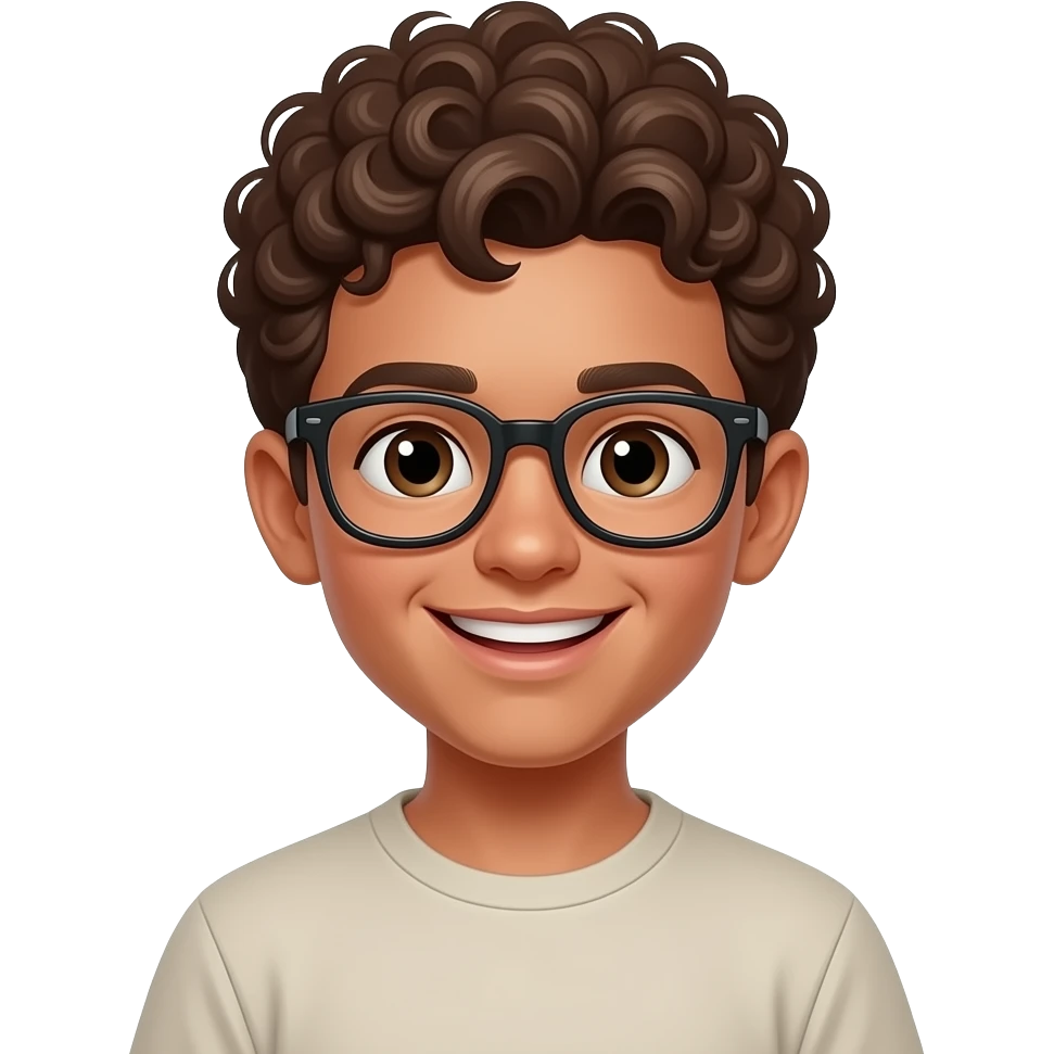 Boy with curly brown hair, glasses, tan coloured skin and a smile emoji